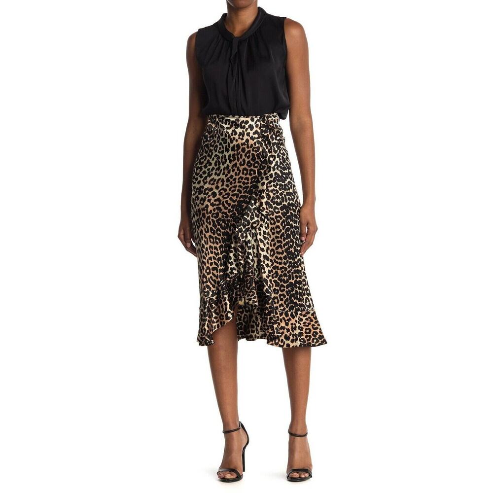 GANNI Women's 36 Leopard Print Ruffle Satin Flowy Midi Zip Skirt NWT